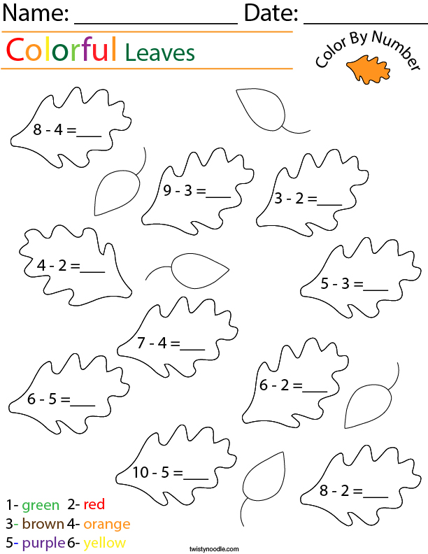 Subtraction- Color by Number Leaves Math Worksheet ...